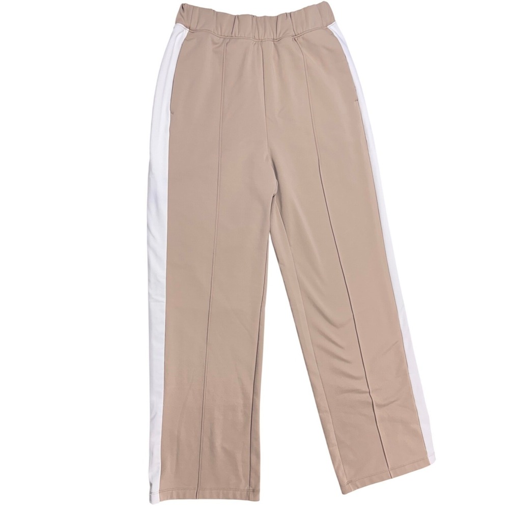 Old Navy PowerSoft Coze Edition Pants S Small Tan Fleece Wide Leg Track Stripe